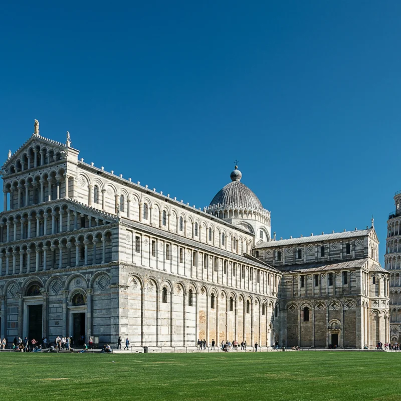 Piazza dei Miracoli con l'imponente Carttedrale di Pisa e il miracolo inclinato della celeberrima Torre di Pisa