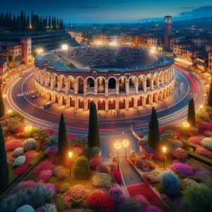 Rappresentazione artistica di una veduta aerea dell'Arena di Verona